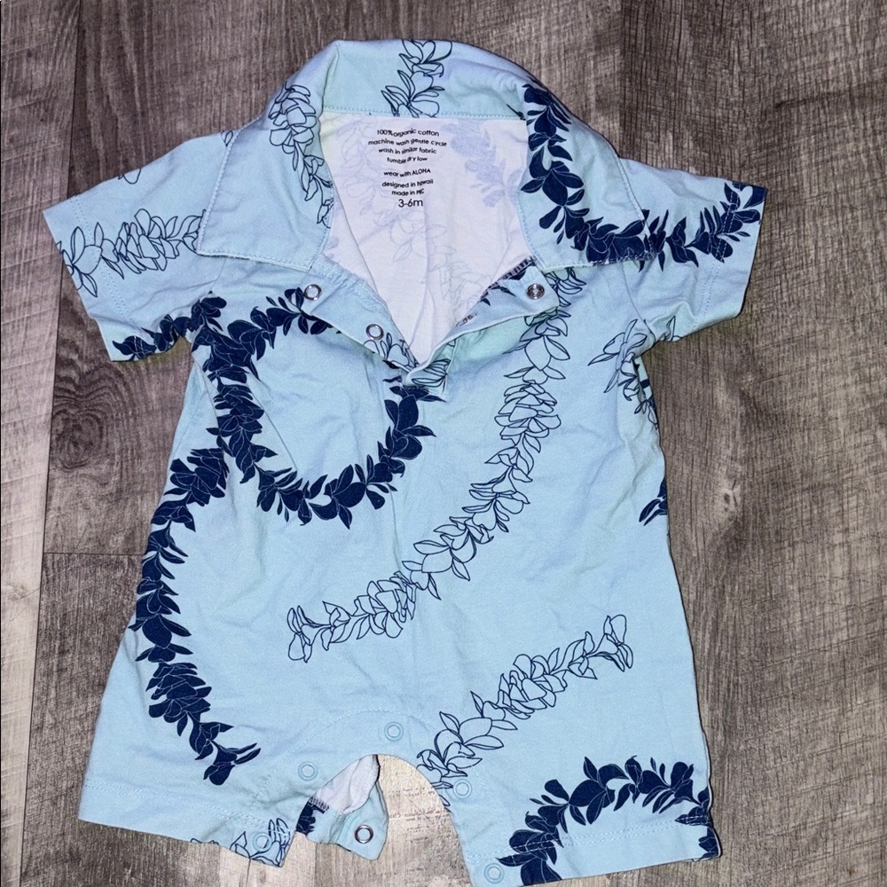 Fighting Eel Blue Leaf Print Baby Romper 3-6m